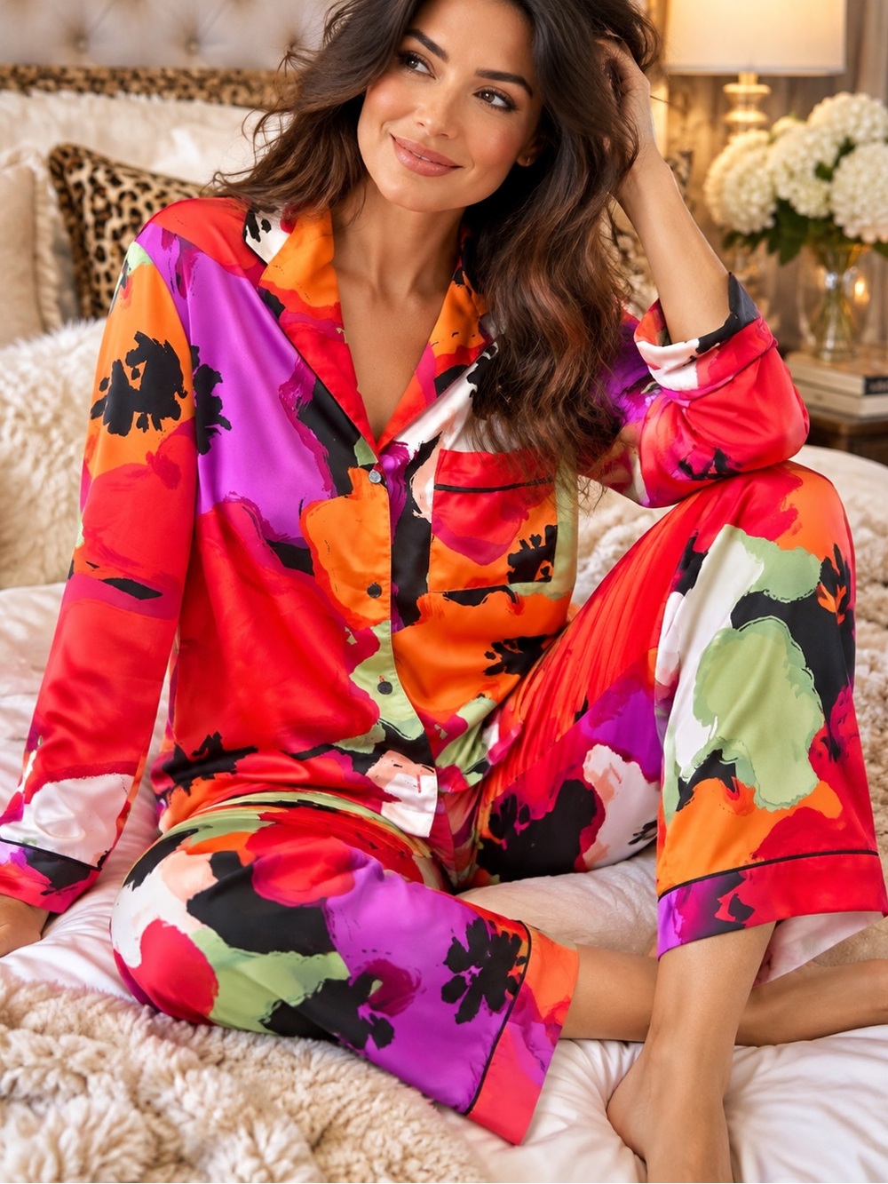 ✨ Natori Luxury Pajama Set XS Floral Abstract Print Silk Feel Lounge Set